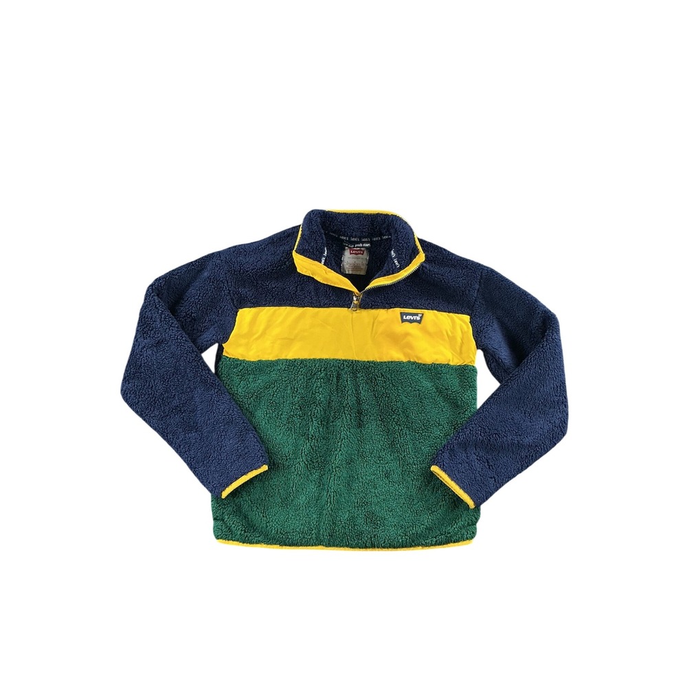 Levis Boys Large Sherpa Fleece Quarter Zip Pullover Colorblock Blue Green Yellow